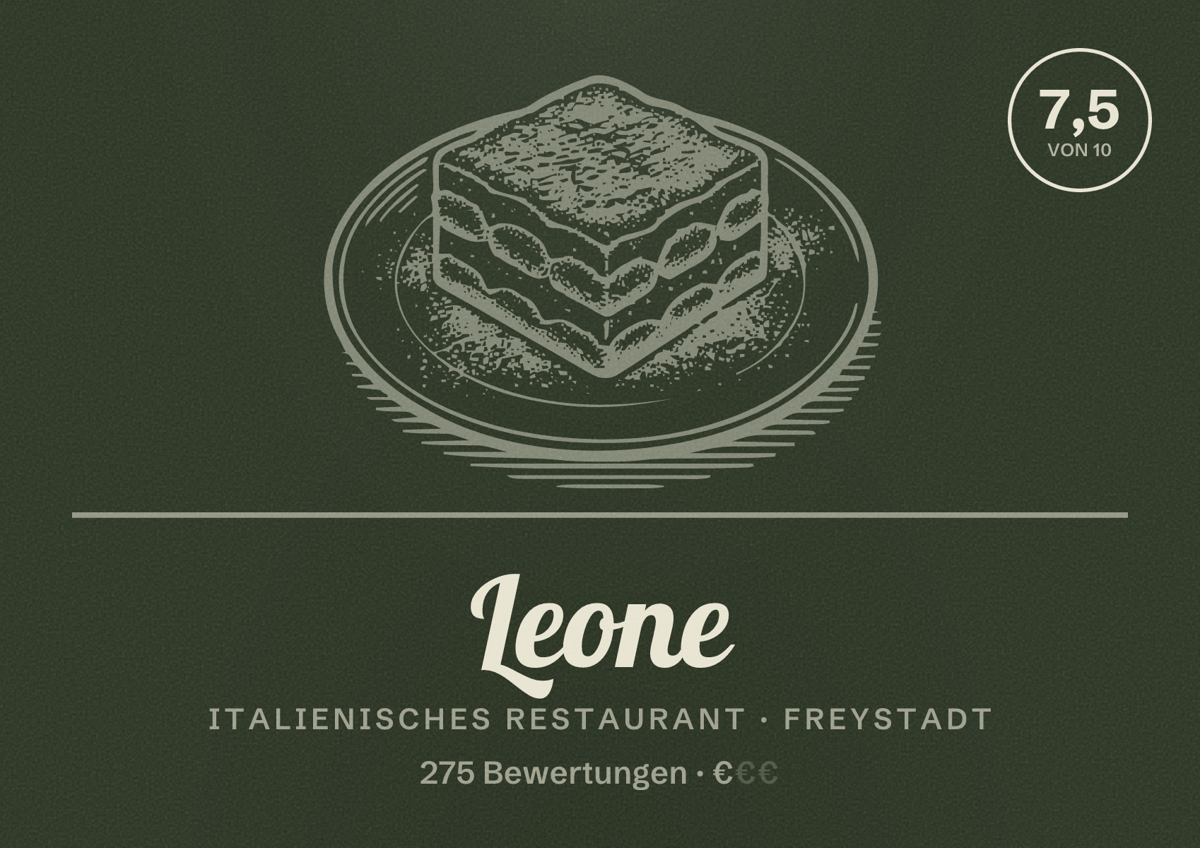 Illustriertes Poster von Leone, Italienisches Restaurant in Freystadt: Bewertung 7,5 von 10 aus 275 Bewertungen, Preisniveau €