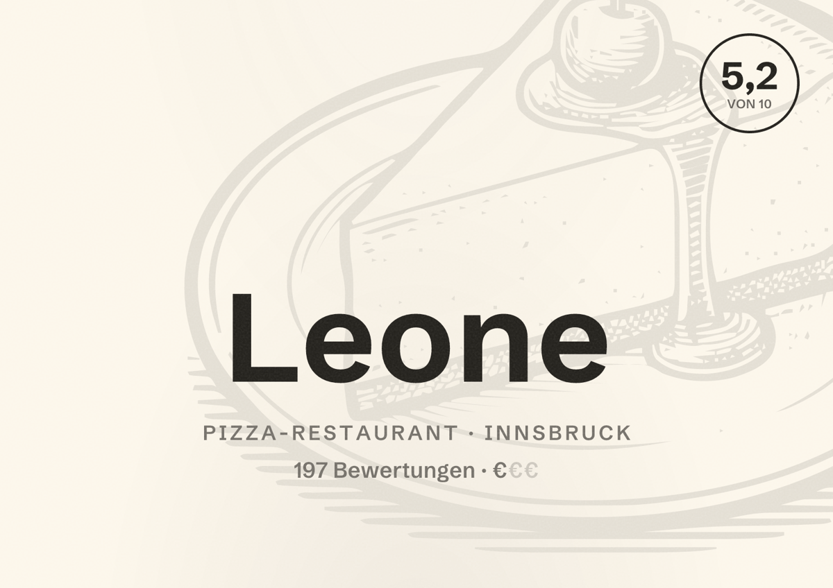 Illustriertes Poster von Leone, Pizza-Restaurant in Innsbruck: Bewertung 5,2 von 10 aus 197 Bewertungen, Preisniveau €
