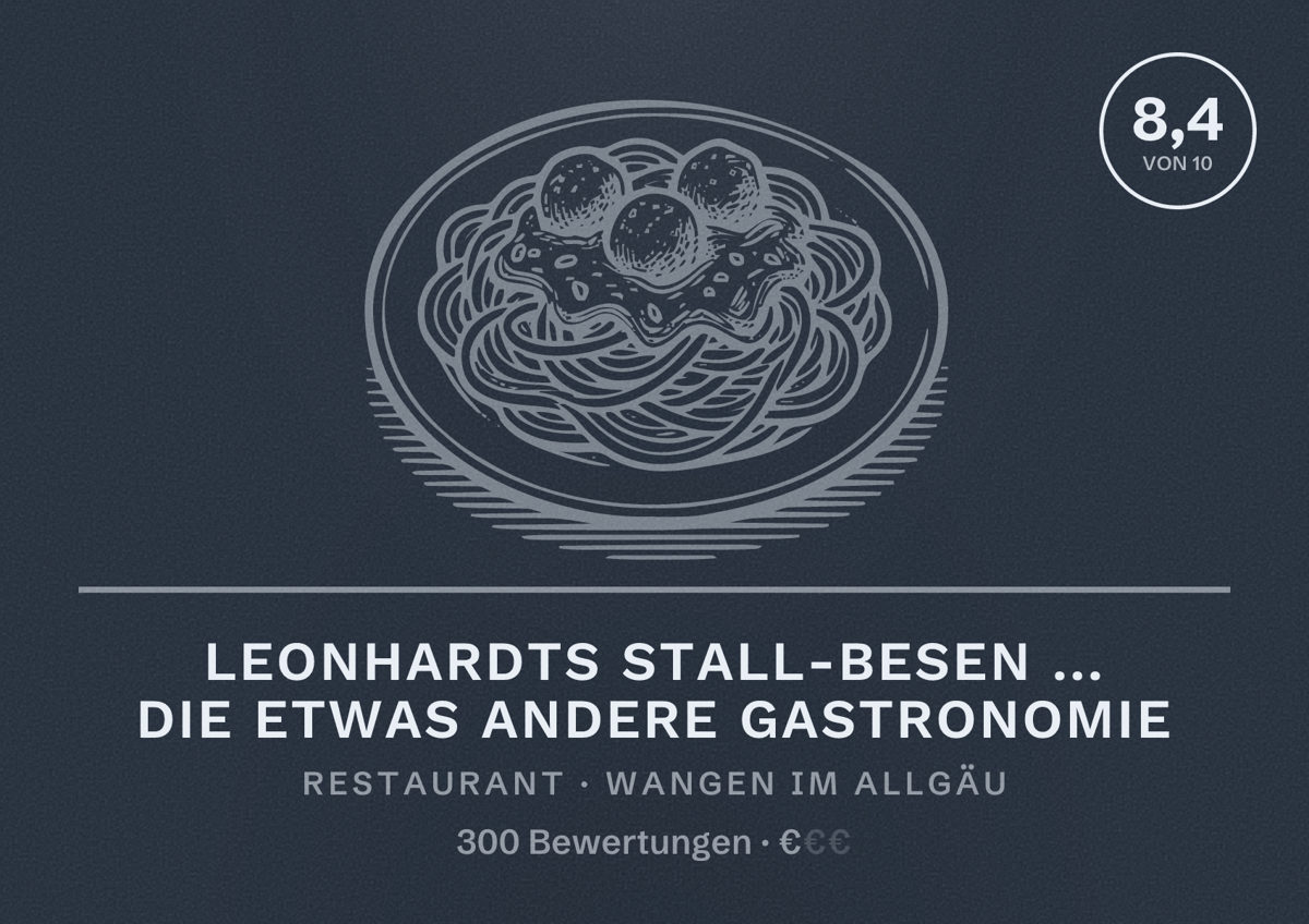 Illustriertes Poster von Leonhardts Stall-Besen ... die etwas andere Gastronomie, Restaurant in Wangen im Allgäu: Bewertung 8,4 von 10 aus 300 Bewertungen, Preisniveau €
