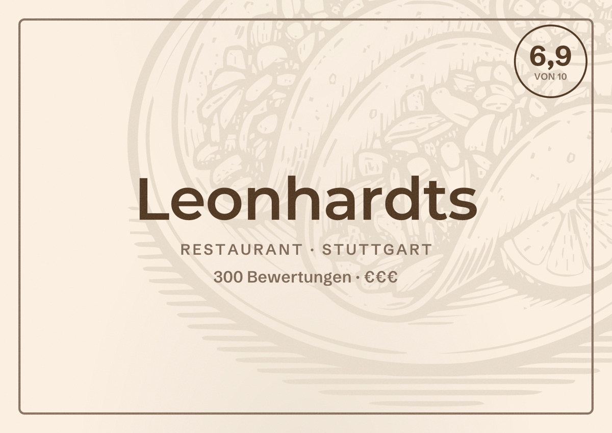 Illustriertes Poster von Leonhardts, Restaurant in Stuttgart: Bewertung 6,9 von 10 aus 300 Bewertungen, Preisniveau €€€