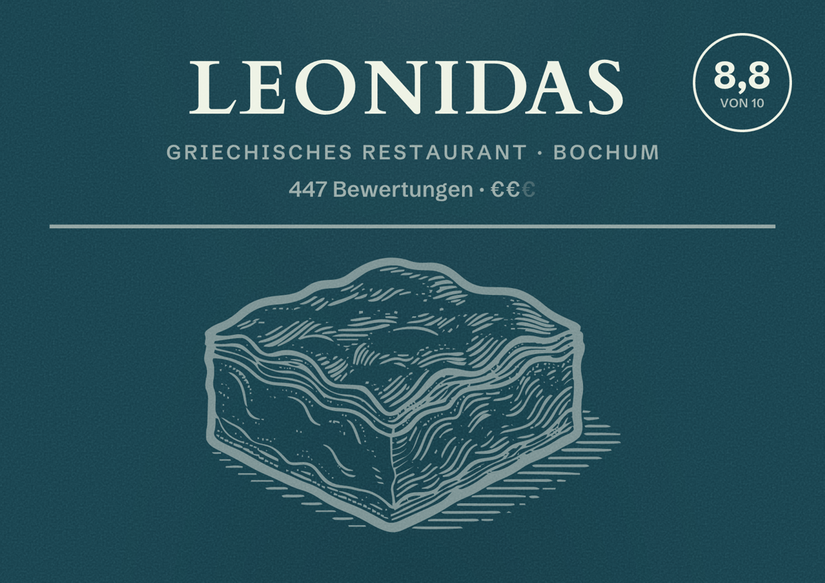 Illustriertes Poster von Leonidas, Griechisches Restaurant in Bochum: Bewertung 8,8 von 10 aus 447 Bewertungen, Preisniveau €€