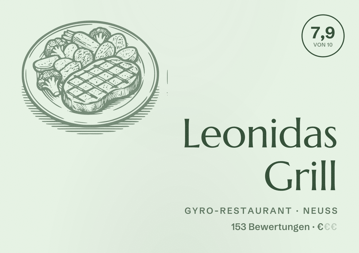 Illustriertes Poster von Leonidas Grill, Gyro-Restaurant in Neuss: Bewertung 7,9 von 10 aus 153 Bewertungen, Preisniveau €