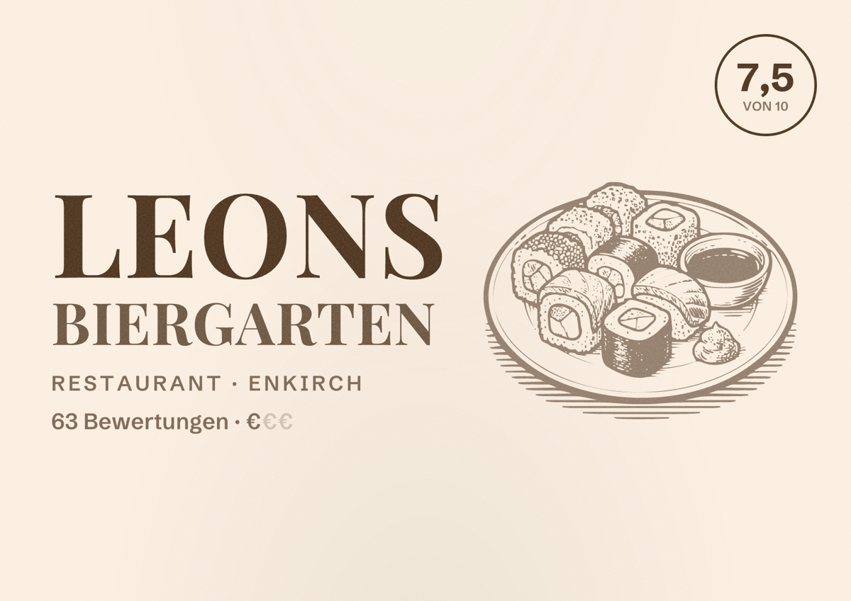 Illustriertes Poster von Leons Biergarten, Restaurant in Enkirch: Bewertung 7,5 von 10 aus 63 Bewertungen, Preisniveau €