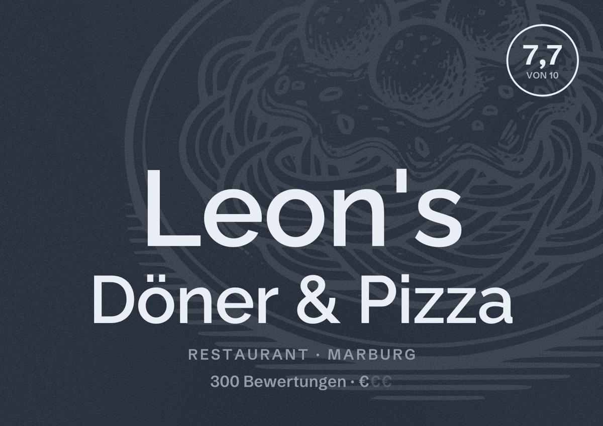 Illustriertes Poster von Leon's Döner & Pizza, Restaurant in Marburg: Bewertung 7,7 von 10 aus 300 Bewertungen, Preisniveau €