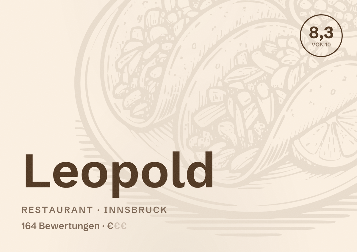 Illustriertes Poster von Leopold, Restaurant in Innsbruck: Bewertung 8,3 von 10 aus 164 Bewertungen, Preisniveau €