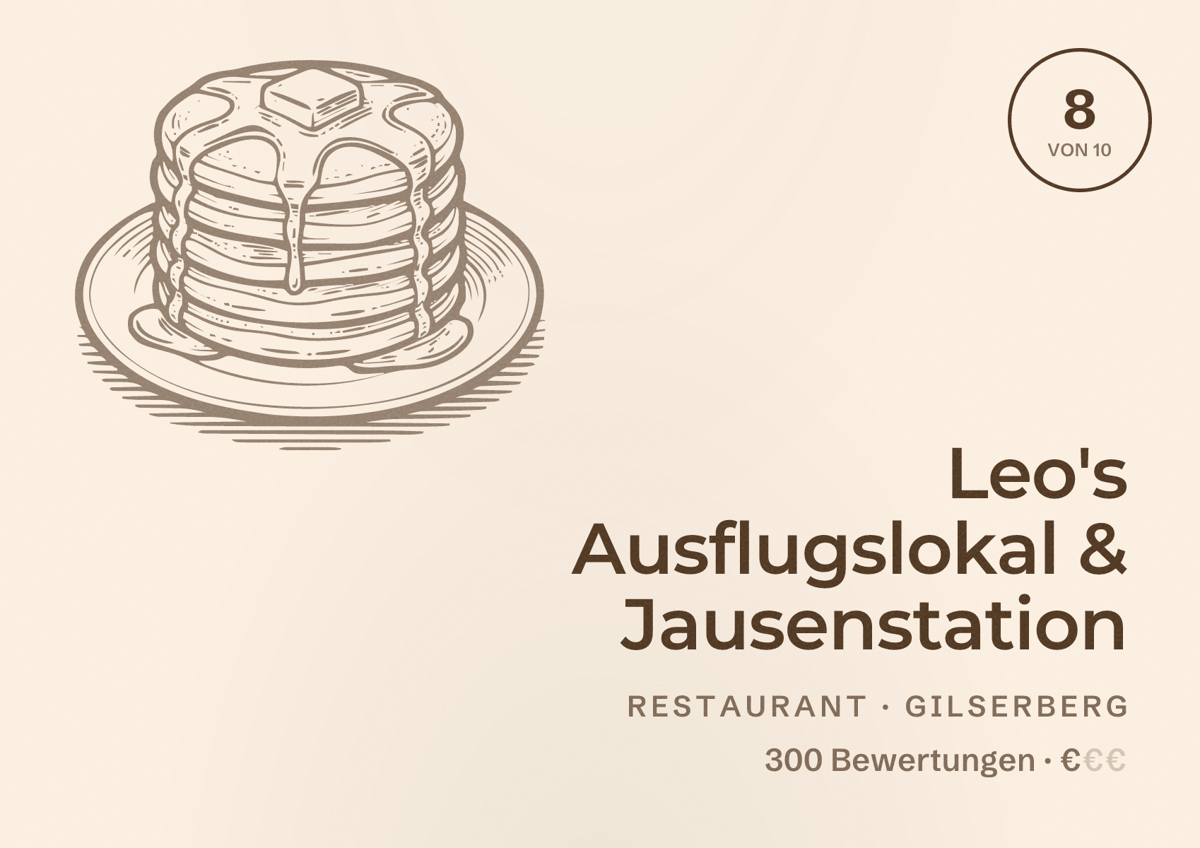 Illustriertes Poster von Leo's Ausflugslokal & Jausenstation, Restaurant in Gilserberg: Bewertung 8 von 10 aus 300 Bewertungen, Preisniveau €