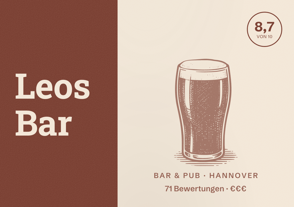 Illustriertes Poster von Leos Bar, Bar & Pub in Hannover: Bewertung 8,7 von 10 aus 71 Bewertungen, Preisniveau €€€