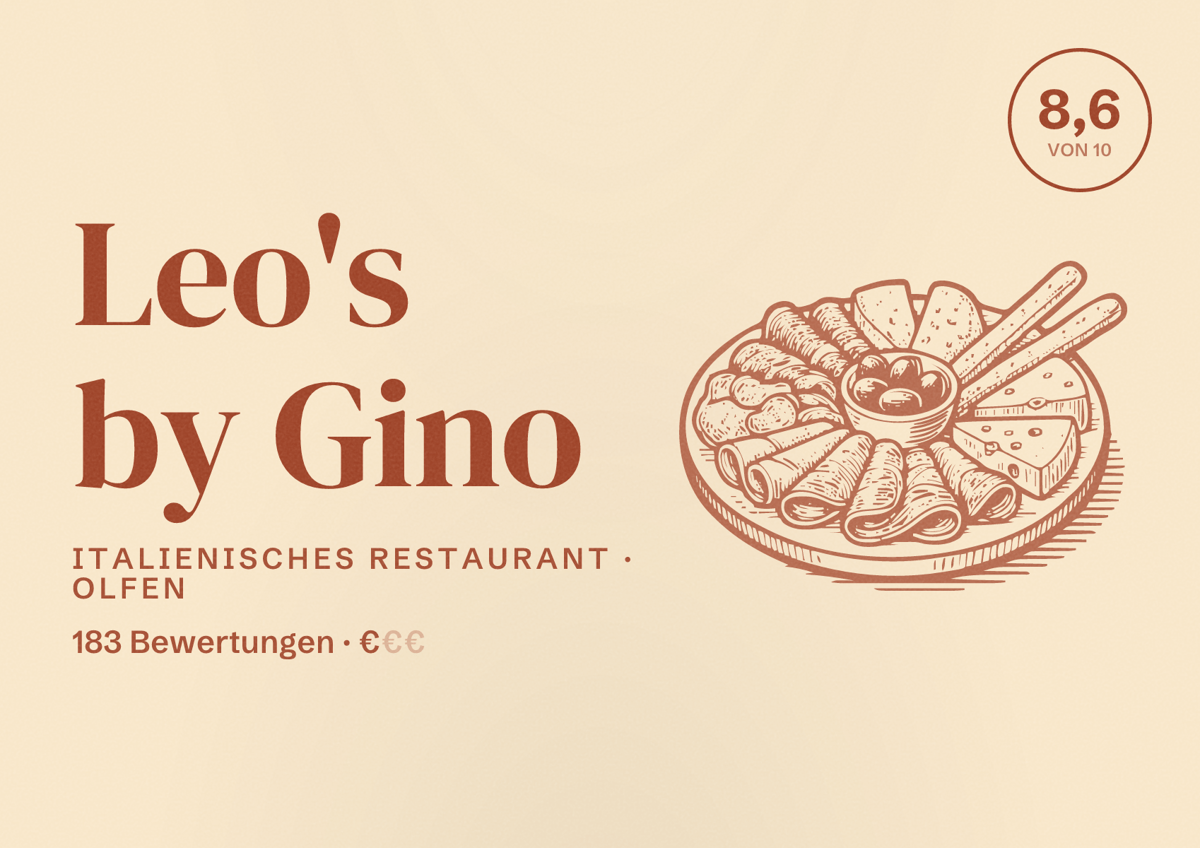 Illustriertes Poster von Leo's by Gino, Italienisches Restaurant in Olfen: Bewertung 8,6 von 10 aus 183 Bewertungen, Preisniveau €