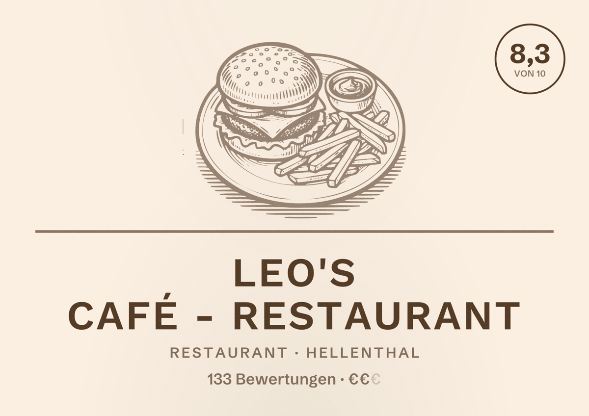 Illustriertes Poster von Leo's Café - Restaurant, Restaurant in Hellenthal: Bewertung 8,3 von 10 aus 133 Bewertungen, Preisniveau €€
