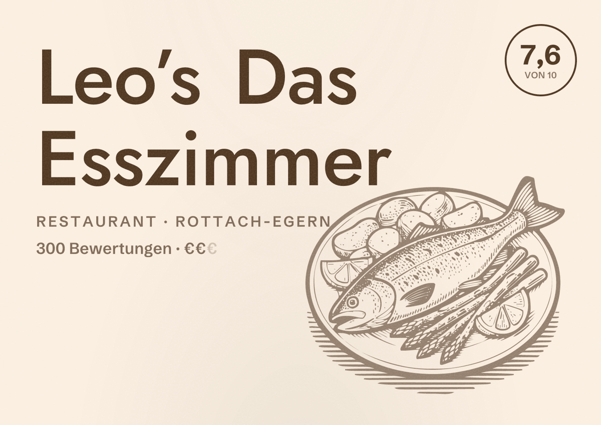 Illustriertes Poster von Leo’s Das Esszimmer, Restaurant in Rottach-Egern: Bewertung 7,6 von 10 aus 300 Bewertungen, Preisniveau €€