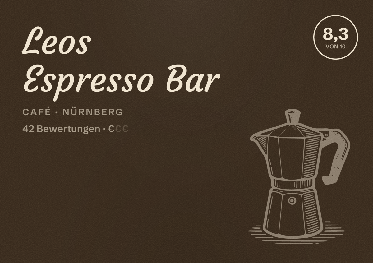 Illustriertes Poster von Leos Espresso Bar, Café in Nürnberg: Bewertung 8,3 von 10 aus 42 Bewertungen, Preisniveau €