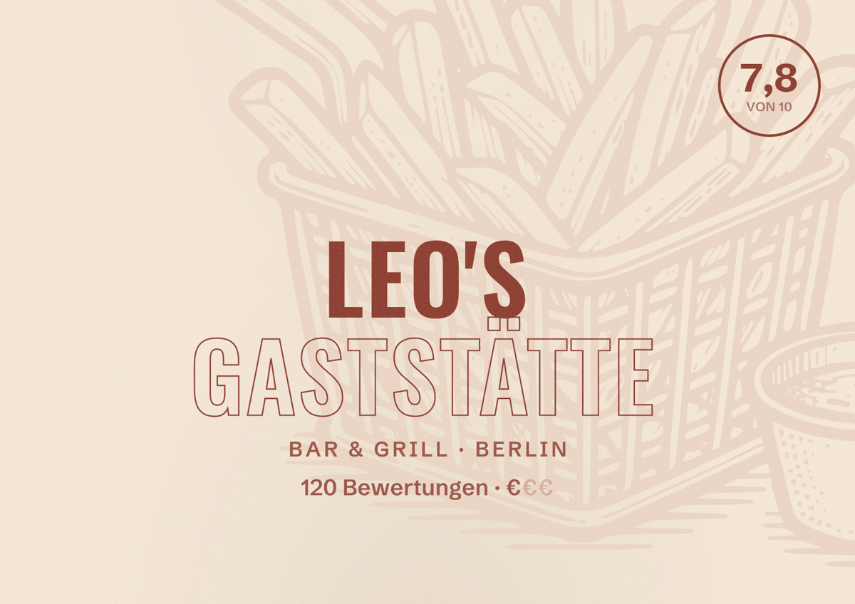 Illustriertes Poster von Leo's Gaststätte, Bar & Grill in Berlin: Bewertung 7,8 von 10 aus 120 Bewertungen, Preisniveau €
