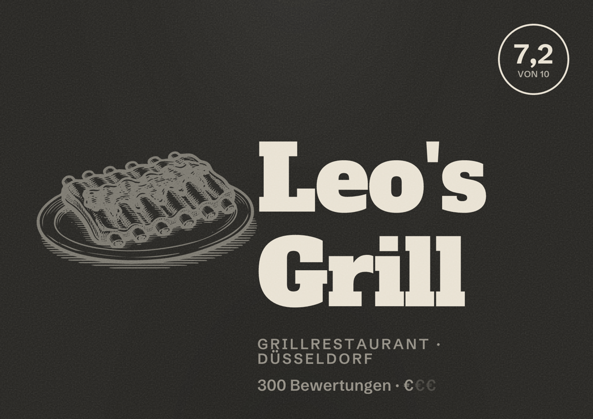 Illustriertes Poster von Leo's Grill, Grillrestaurant in Düsseldorf: Bewertung 7,2 von 10 aus 300 Bewertungen, Preisniveau €