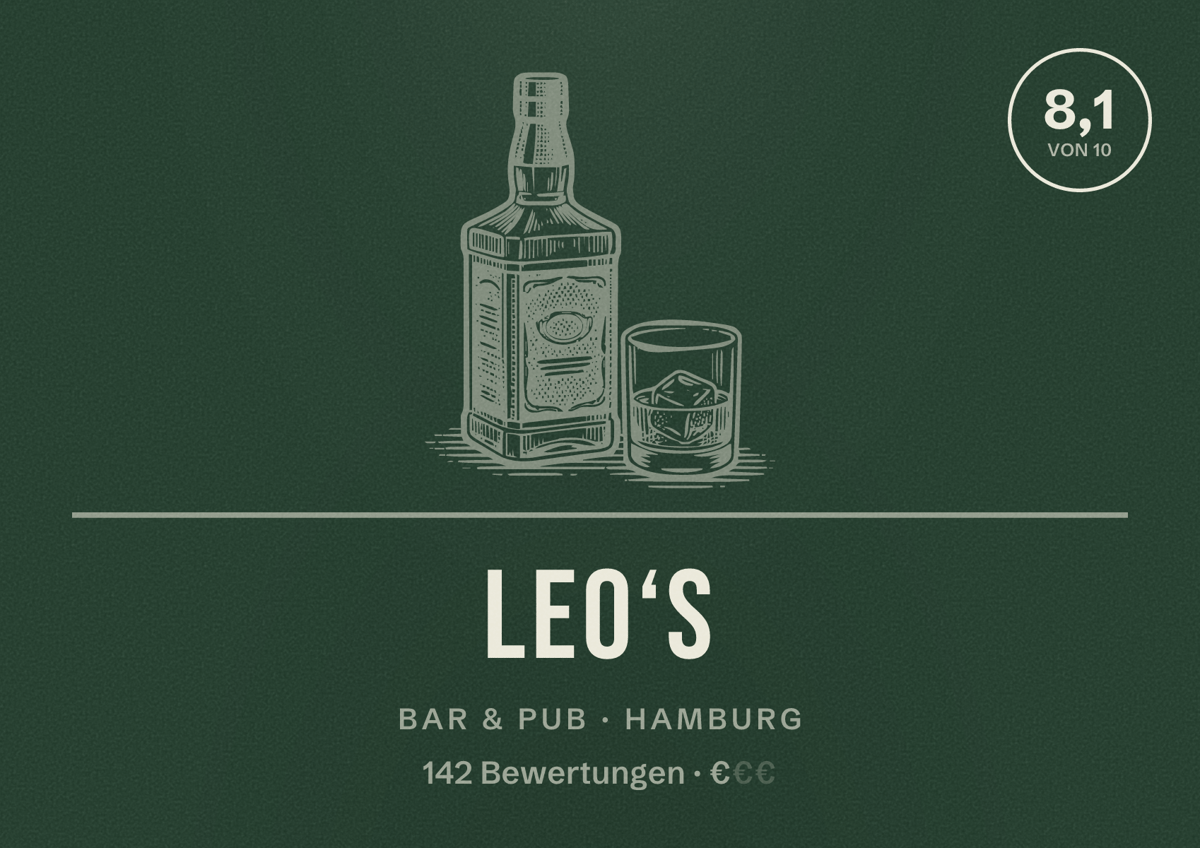 Illustriertes Poster von Leo‘s, Bar & Pub in Hamburg: Bewertung 8,1 von 10 aus 142 Bewertungen, Preisniveau €