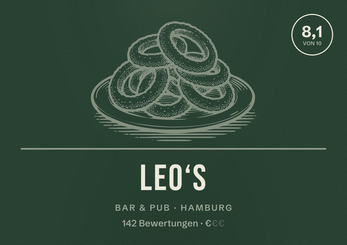 Illustriertes Poster von Leo‘s, Bar & Pub in Hamburg: Bewertung 8,1 von 10 aus 142 Bewertungen, Preisniveau €