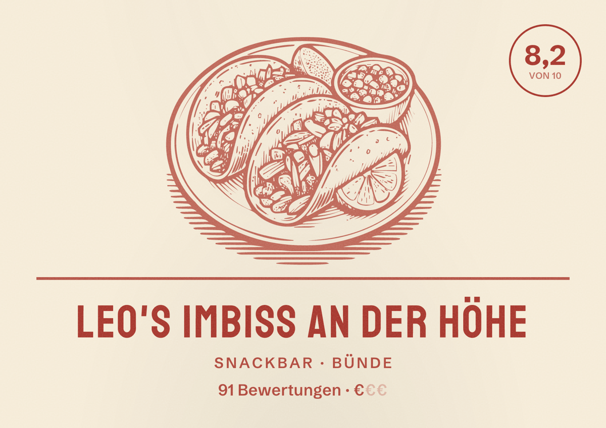 Illustriertes Poster von Leo's Imbiss an der Höhe, Snackbar in Bünde: Bewertung 8,2 von 10 aus 91 Bewertungen, Preisniveau €