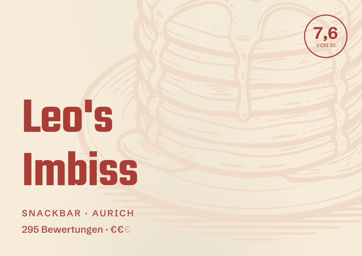 Illustriertes Poster von Leo's Imbiss, Snackbar in Aurich: Bewertung 7,6 von 10 aus 295 Bewertungen, Preisniveau €€