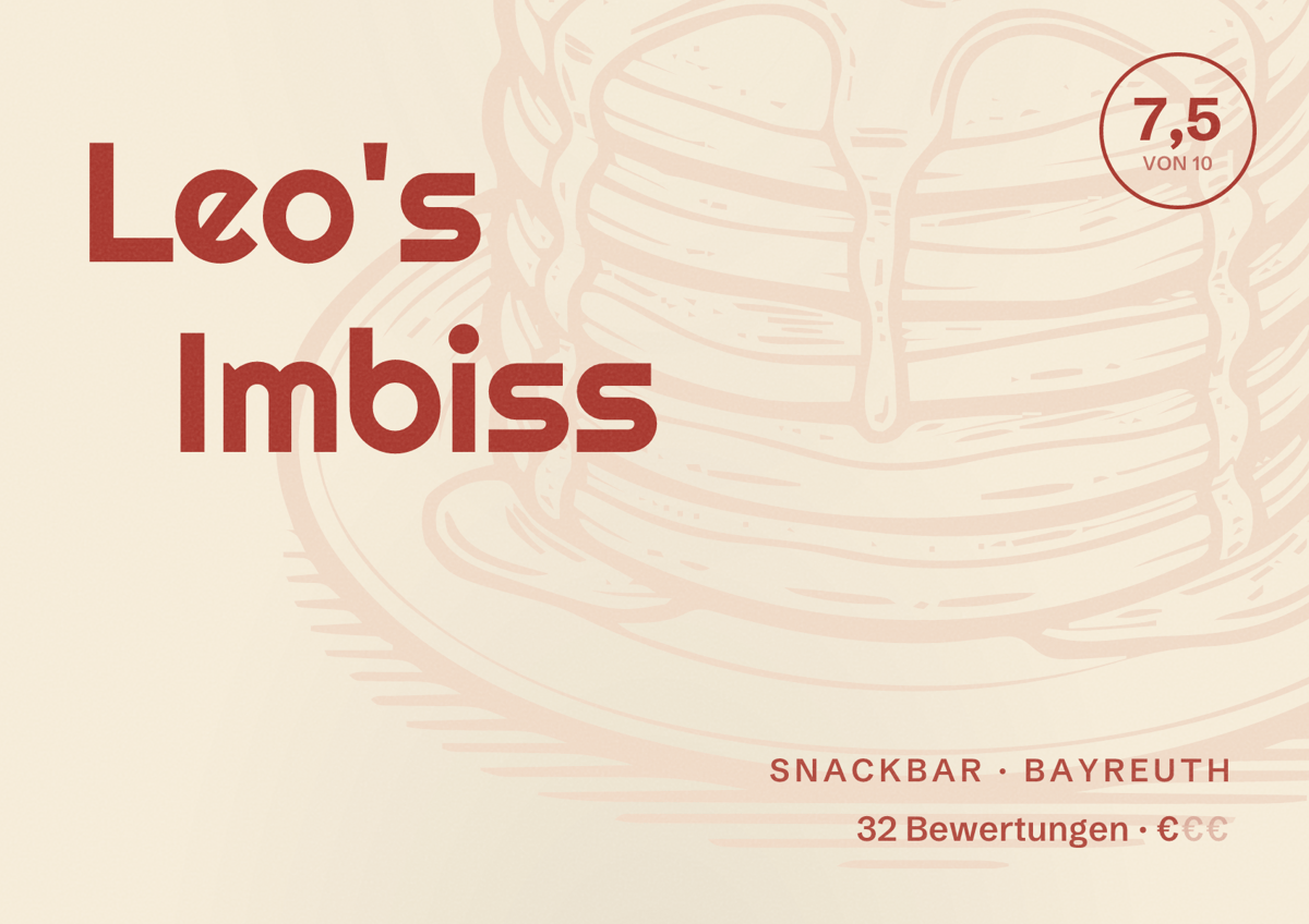 Illustriertes Poster von Leo's Imbiss, Snackbar in Bayreuth: Bewertung 7,5 von 10 aus 32 Bewertungen, Preisniveau €