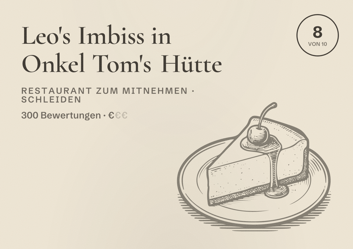 Illustriertes Poster von Leo's Imbiss in Onkel Tom's Hütte, Restaurant zum Mitnehmen in Schleiden: Bewertung 8 von 10 aus 300 Bewertungen, Preisniveau €