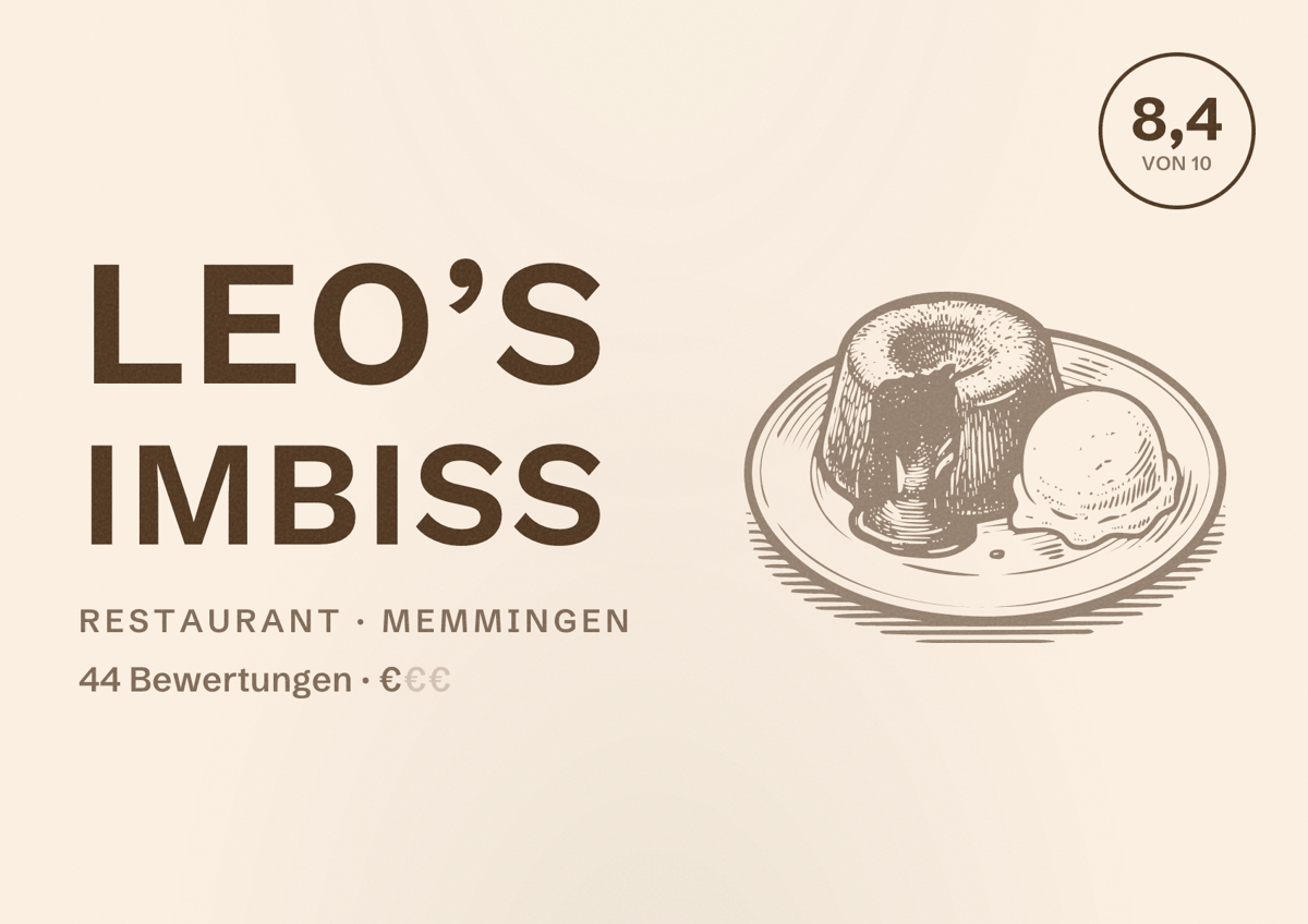 Illustriertes Poster von Leo’s Imbiss, Restaurant in Memmingen: Bewertung 8,4 von 10 aus 44 Bewertungen, Preisniveau €