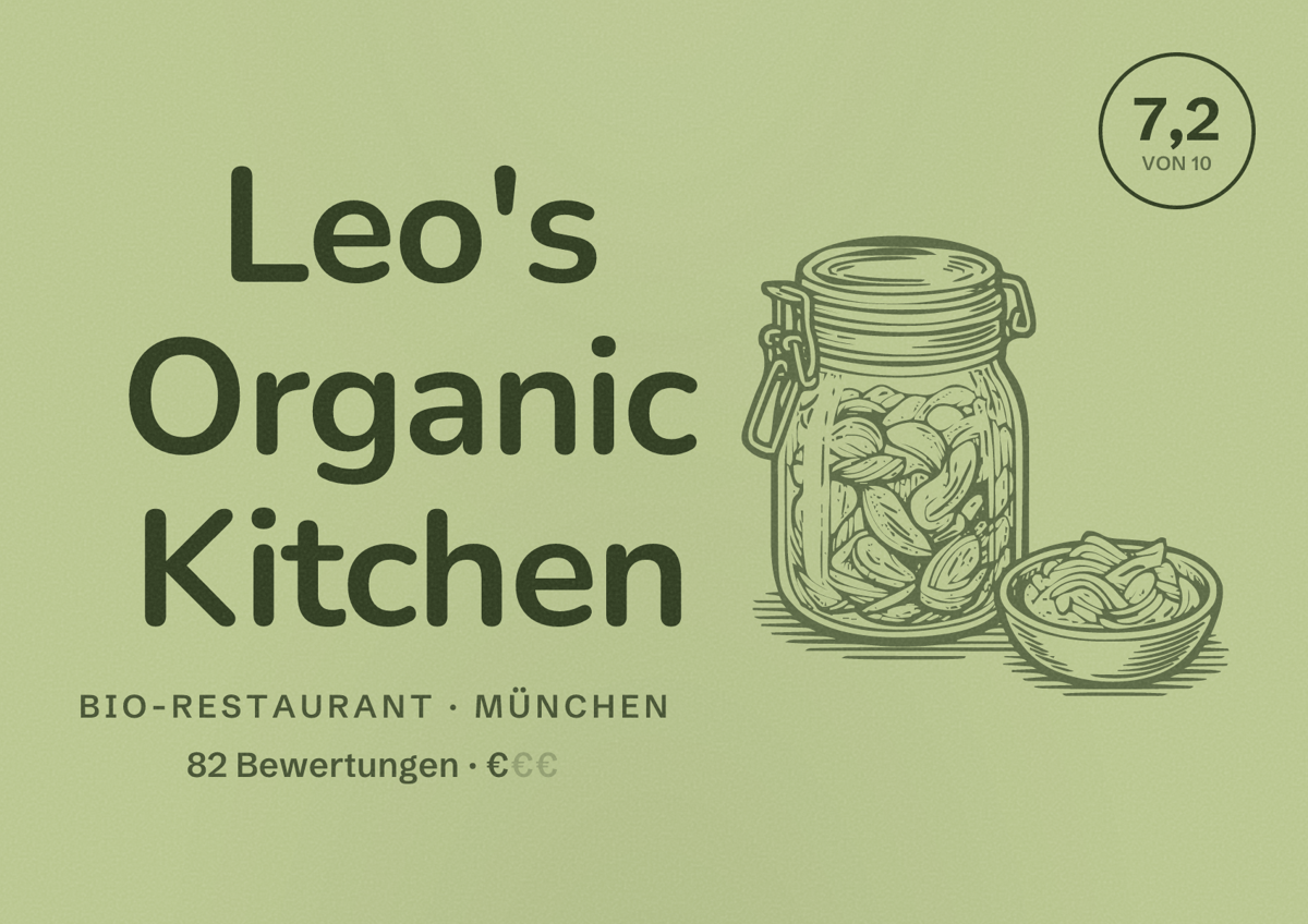 Illustriertes Poster von Leo's Organic Kitchen, Bio-Restaurant in München: Bewertung 7,2 von 10 aus 82 Bewertungen, Preisniveau €