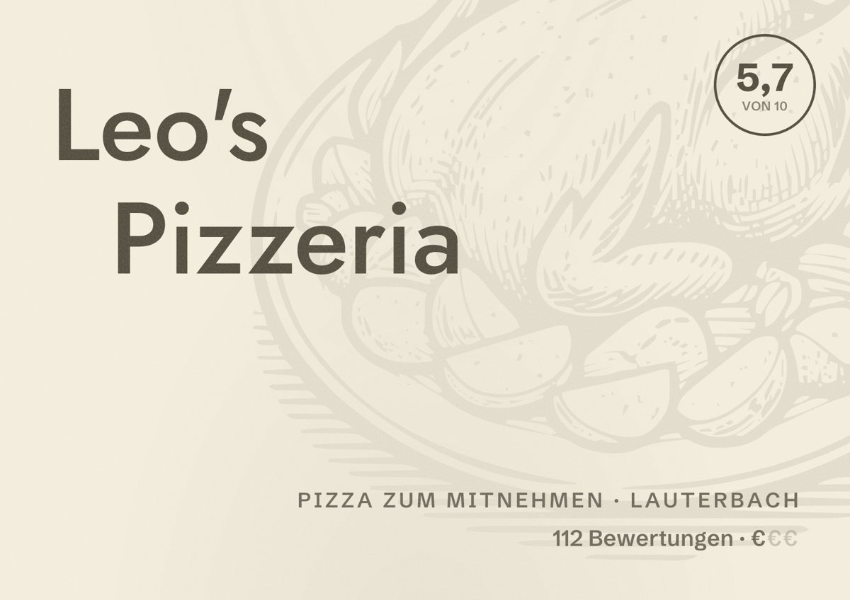 Illustriertes Poster von Leo's Pizzeria, Pizza zum Mitnehmen in Lauterbach: Bewertung 5,7 von 10 aus 112 Bewertungen, Preisniveau €