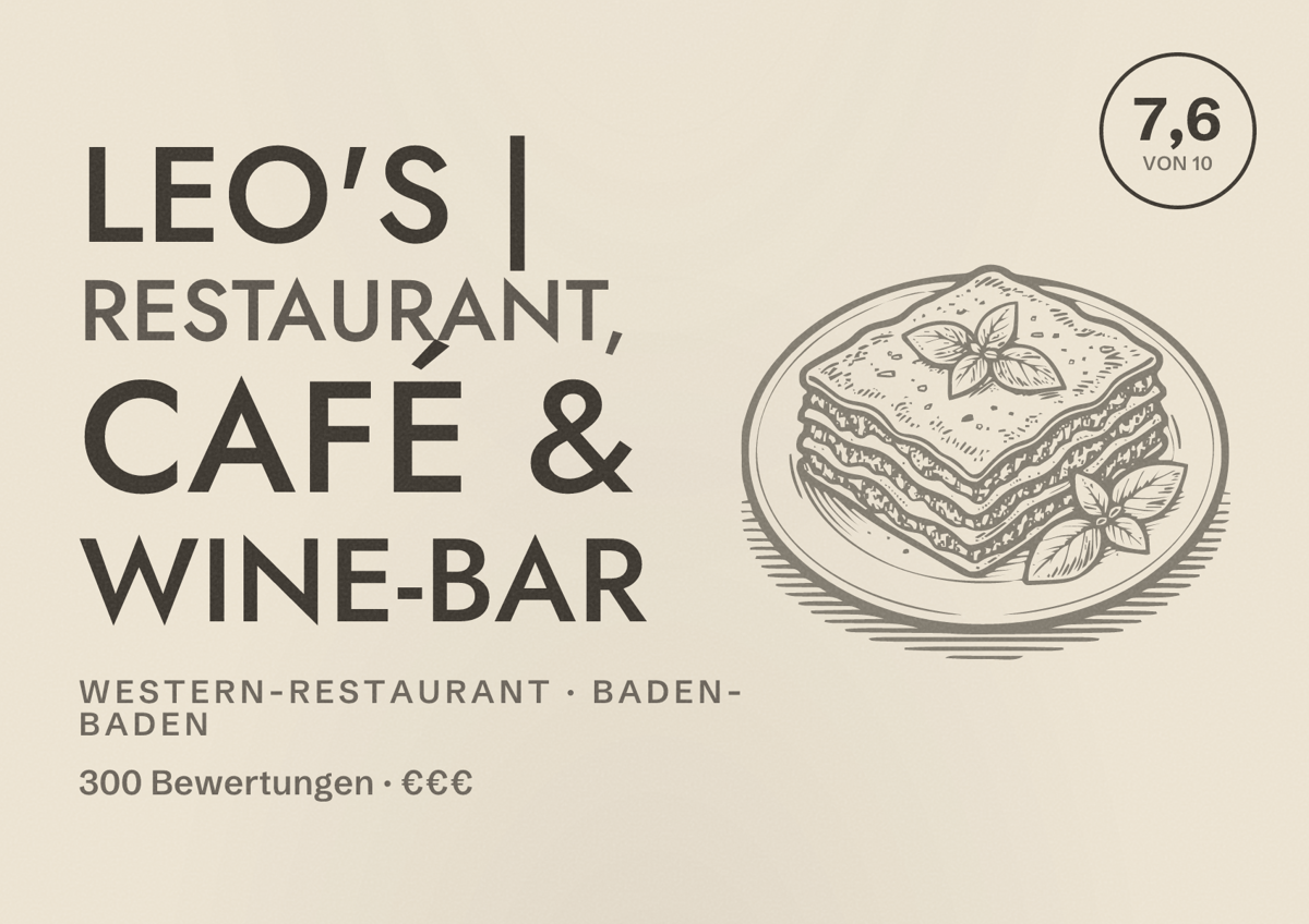 Illustriertes Poster von Leo's | Restaurant, Café & Wine-Bar, Western-Restaurant in Baden-Baden: Bewertung 7,6 von 10 aus 300 Bewertungen, Preisniveau €€€