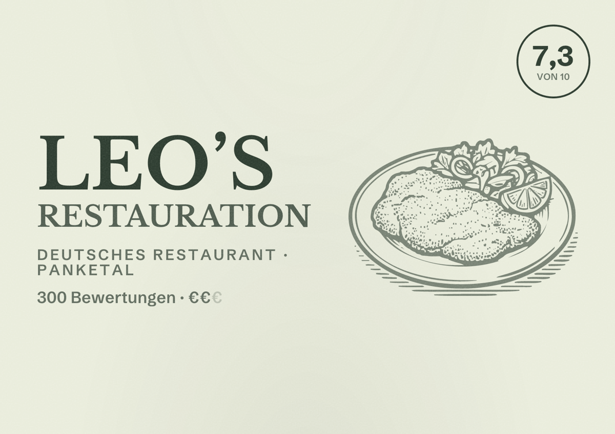 Illustriertes Poster von LEO’S Restauration, Deutsches Restaurant in Panketal: Bewertung 7,3 von 10 aus 300 Bewertungen, Preisniveau €€