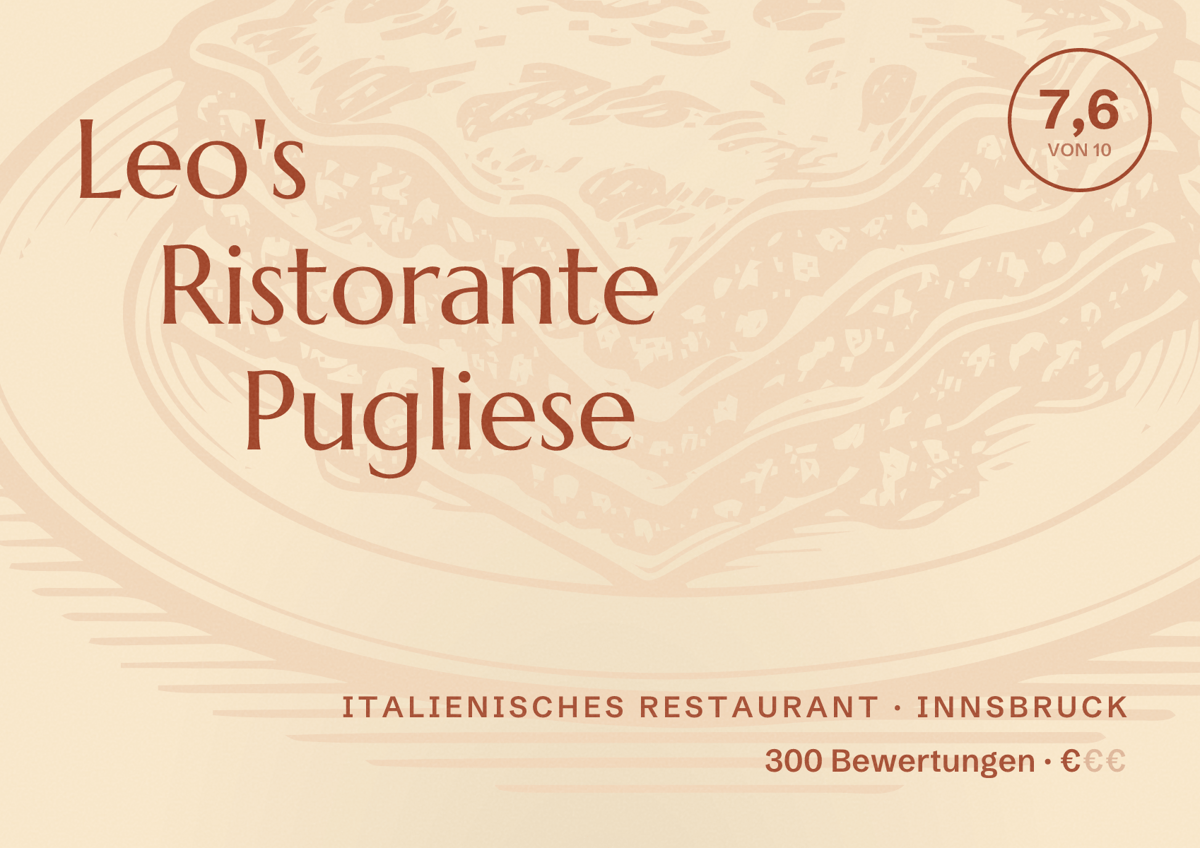 Illustriertes Poster von Leo's Ristorante Pugliese, Italienisches Restaurant in Innsbruck: Bewertung 7,6 von 10 aus 300 Bewertungen, Preisniveau €