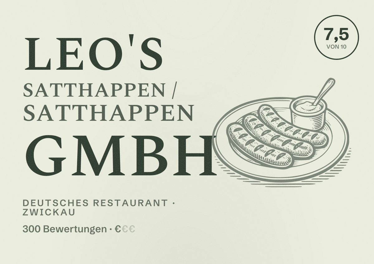 Illustriertes Poster von Leo's SattHappen / SattHappen GmbH, Deutsches Restaurant in Zwickau: Bewertung 7,5 von 10 aus 300 Bewertungen, Preisniveau €