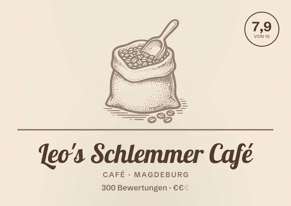 Illustriertes Poster von Leo's Schlemmer Café, Café in Magdeburg: Bewertung 7,9 von 10 aus 300 Bewertungen, Preisniveau €€