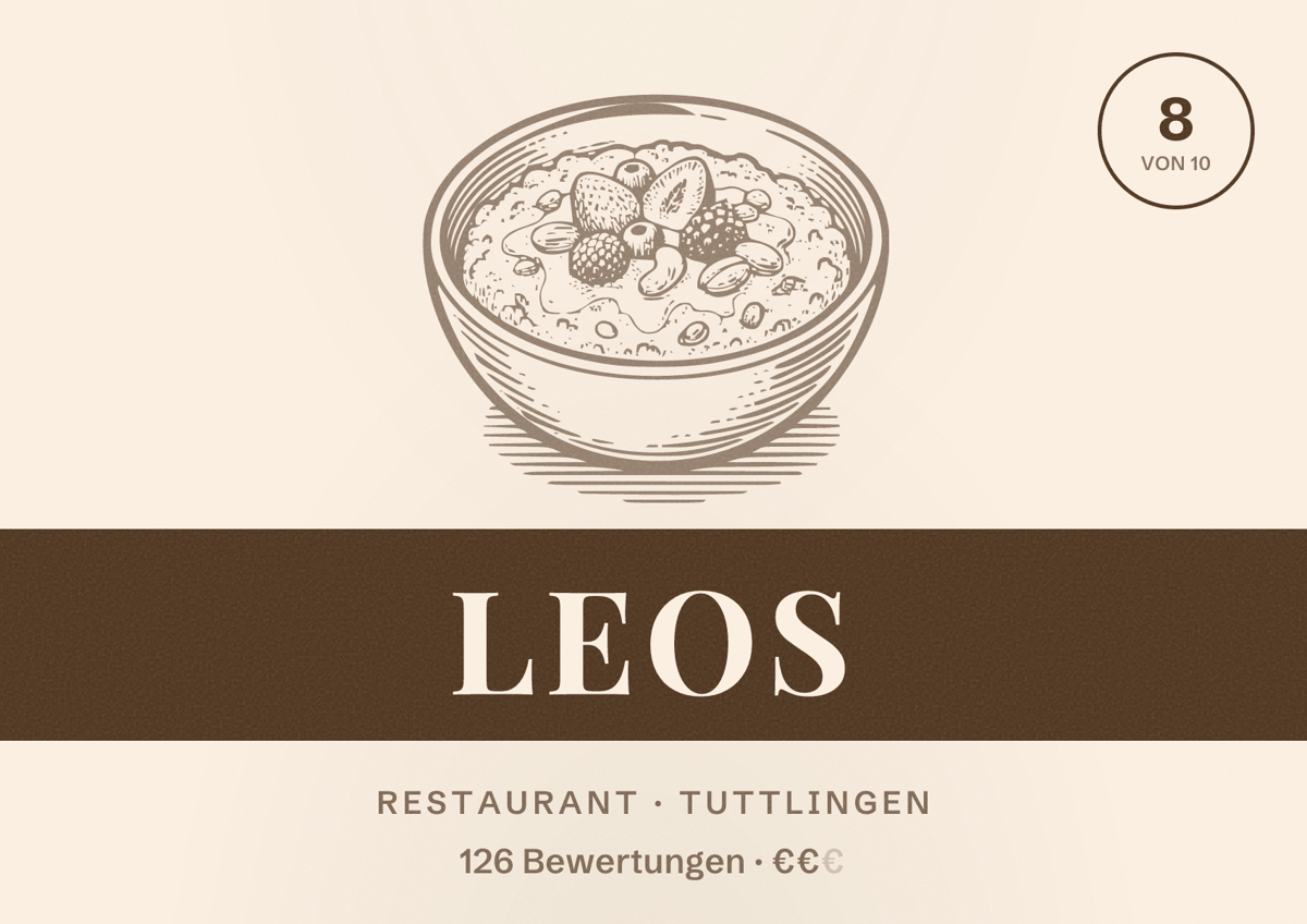 Illustriertes Poster von Leos, Restaurant in Tuttlingen: Bewertung 8 von 10 aus 126 Bewertungen, Preisniveau €€
