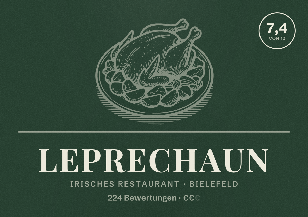 Illustriertes Poster von Leprechaun, Irisches Restaurant in Bielefeld: Bewertung 7,4 von 10 aus 224 Bewertungen, Preisniveau €€