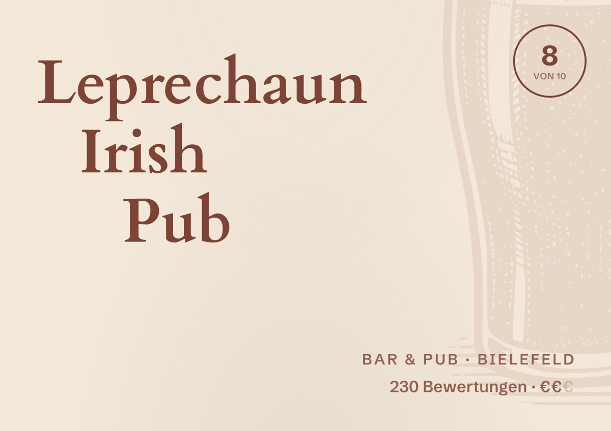 Illustriertes Poster von Leprechaun Irish Pub, Bar & Pub in Bielefeld: Bewertung 8 von 10 aus 230 Bewertungen, Preisniveau €€