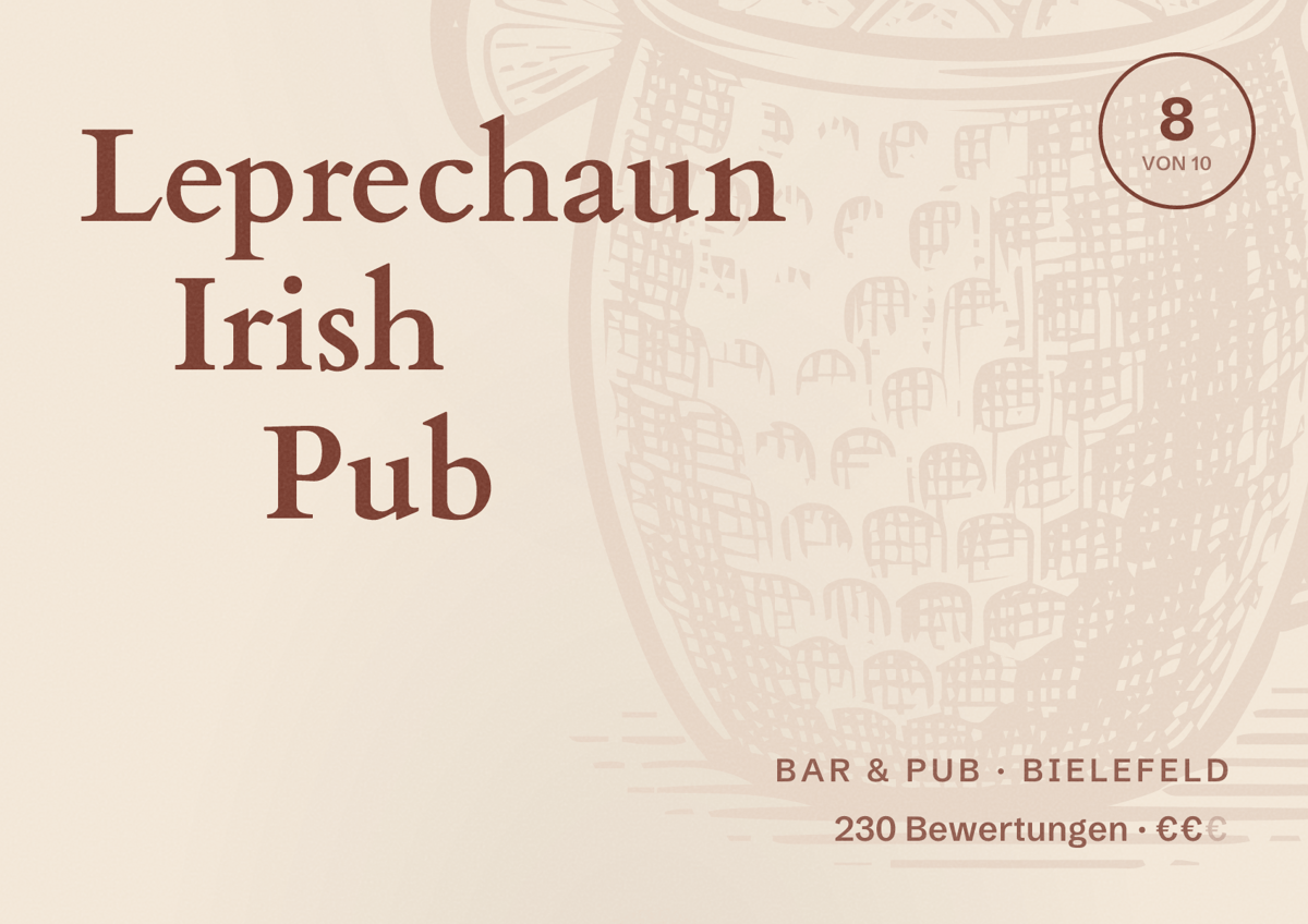 Illustriertes Poster von Leprechaun Irish Pub, Bar & Pub in Bielefeld: Bewertung 8 von 10 aus 230 Bewertungen, Preisniveau €€