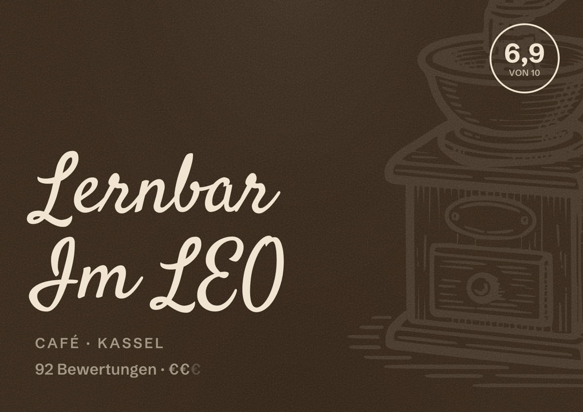Illustriertes Poster von Lernbar Im LEO, Café in Kassel: Bewertung 6,9 von 10 aus 92 Bewertungen, Preisniveau €€