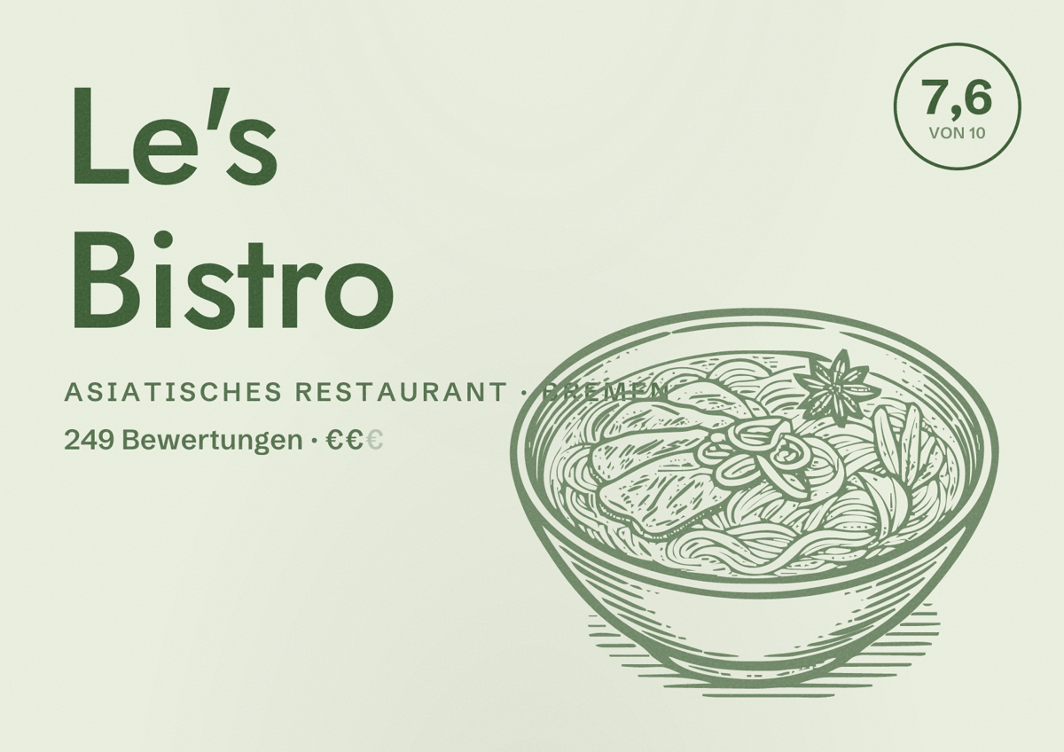 Illustriertes Poster von Le's Bistro, Asiatisches Restaurant in Bremen: Bewertung 7,6 von 10 aus 249 Bewertungen, Preisniveau €€