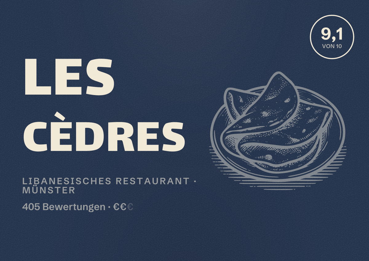 Illustriertes Poster von Les Cèdres, Libanesisches Restaurant in Münster: Bewertung 9,1 von 10 aus 405 Bewertungen, Preisniveau €€
