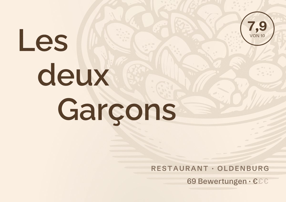 Illustriertes Poster von Les deux Garçons, Restaurant in Oldenburg: Bewertung 7,9 von 10 aus 69 Bewertungen, Preisniveau €