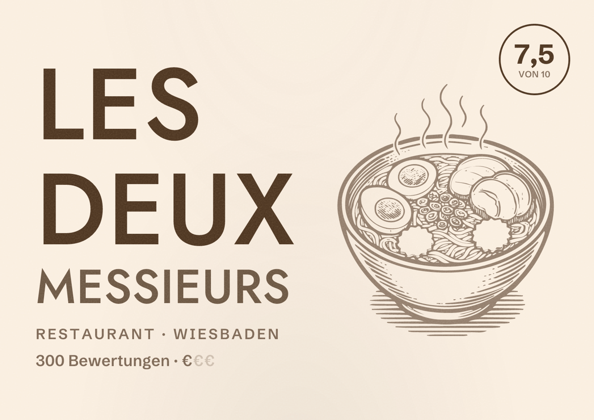 Illustriertes Poster von Les Deux Messieurs, Restaurant in Wiesbaden: Bewertung 7,5 von 10 aus 300 Bewertungen, Preisniveau €