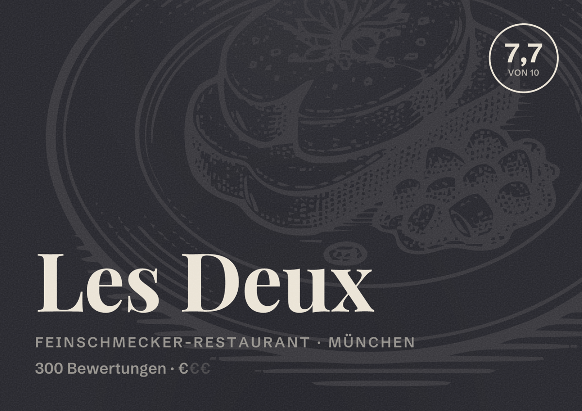 Illustriertes Poster von Les Deux, Feinschmecker-Restaurant in München: Bewertung 7,7 von 10 aus 300 Bewertungen, Preisniveau €