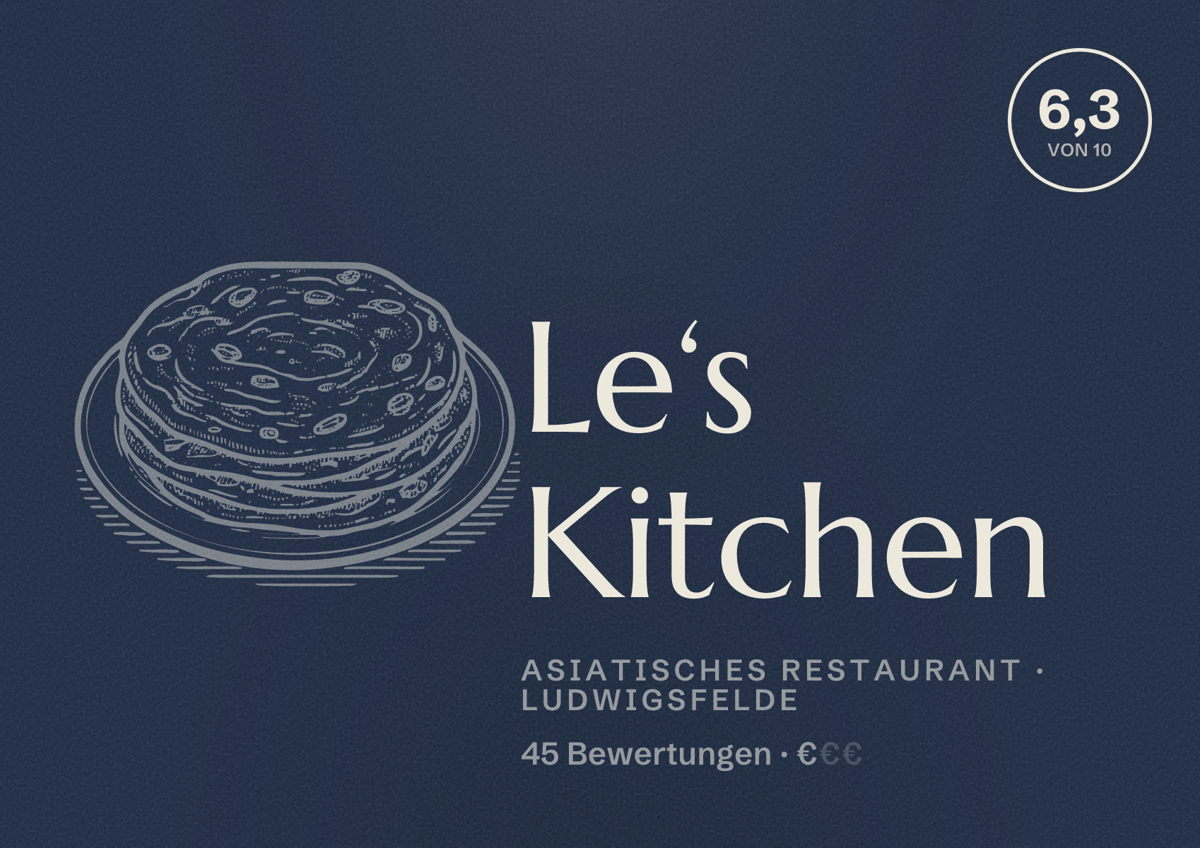 Illustriertes Poster von Le‘s Kitchen, Asiatisches Restaurant in Ludwigsfelde: Bewertung 6,3 von 10 aus 45 Bewertungen, Preisniveau €