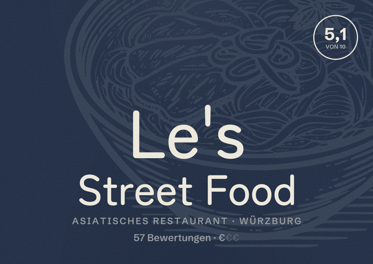 Illustriertes Poster von Le's Street Food, Asiatisches Restaurant in Würzburg: Bewertung 5,1 von 10 aus 57 Bewertungen, Preisniveau €