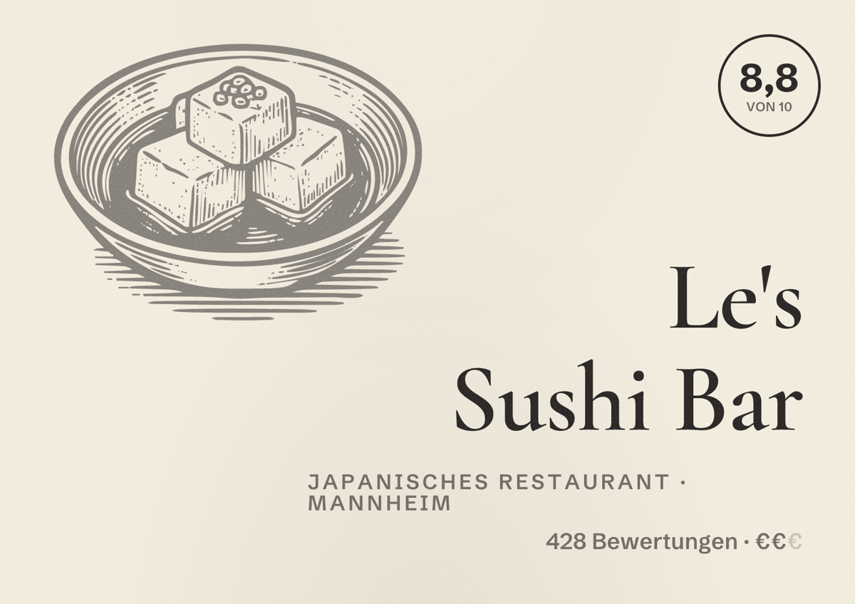 Illustriertes Poster von Le's Sushi Bar, Japanisches Restaurant in Mannheim: Bewertung 8,8 von 10 aus 428 Bewertungen, Preisniveau €€