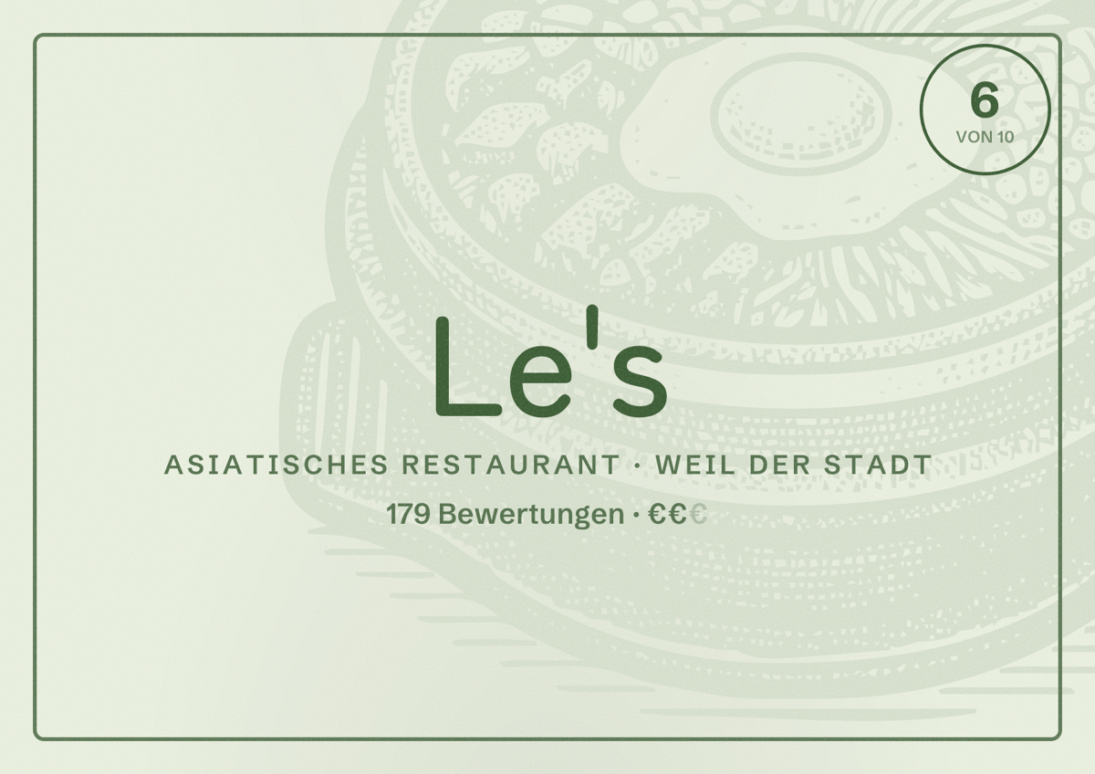 Illustriertes Poster von Le's, Asiatisches Restaurant in Weil der Stadt: Bewertung 6 von 10 aus 179 Bewertungen, Preisniveau €€