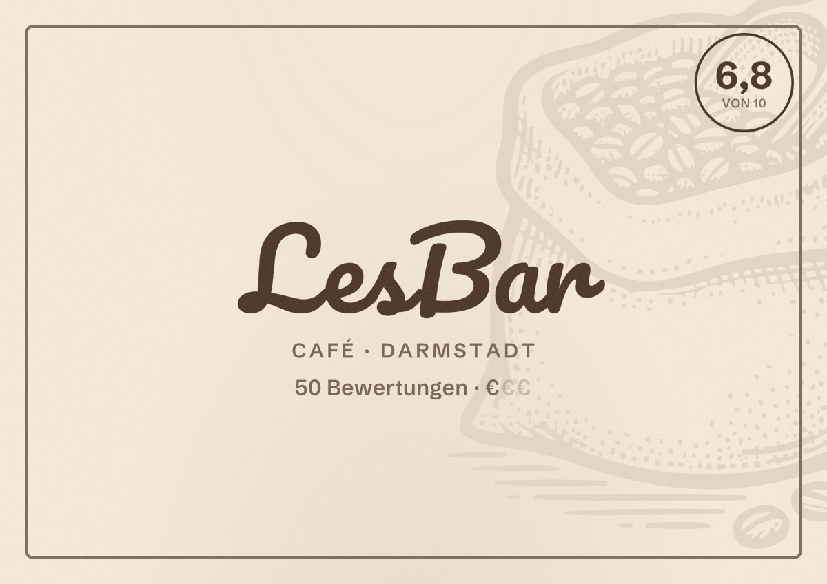 Illustriertes Poster von LesBar, Café in Darmstadt: Bewertung 6,8 von 10 aus 50 Bewertungen, Preisniveau €