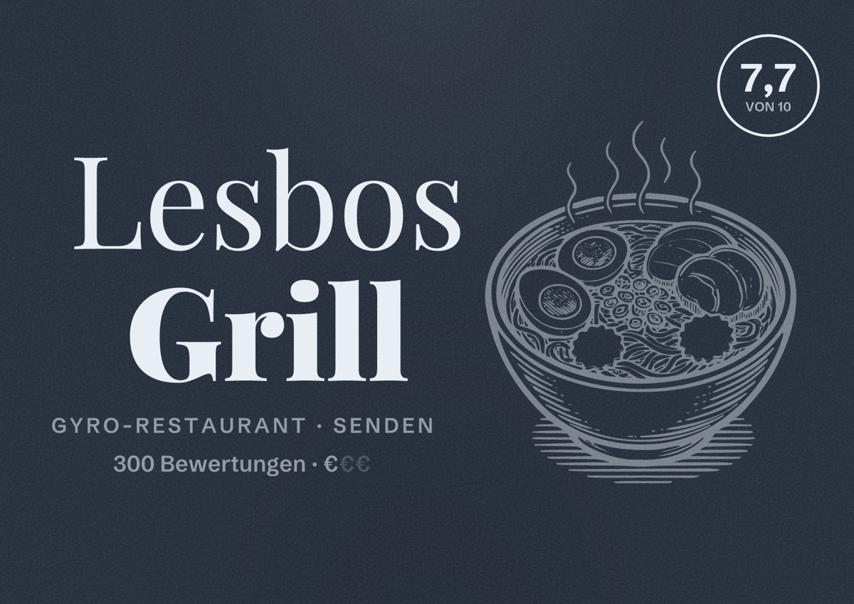 Illustriertes Poster von Lesbos Grill, Gyro-Restaurant in Senden: Bewertung 7,7 von 10 aus 300 Bewertungen, Preisniveau €