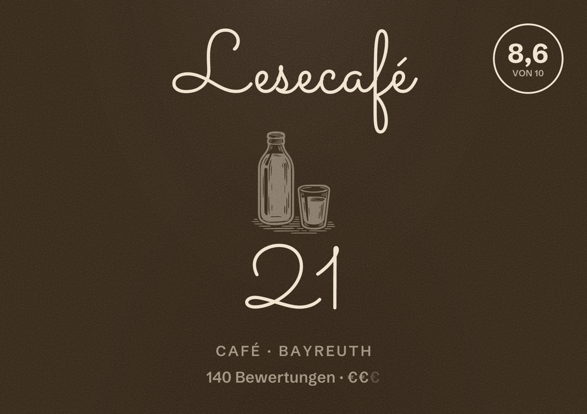 Illustriertes Poster von Lesecafé 21, Café in Bayreuth: Bewertung 8,6 von 10 aus 140 Bewertungen, Preisniveau €€