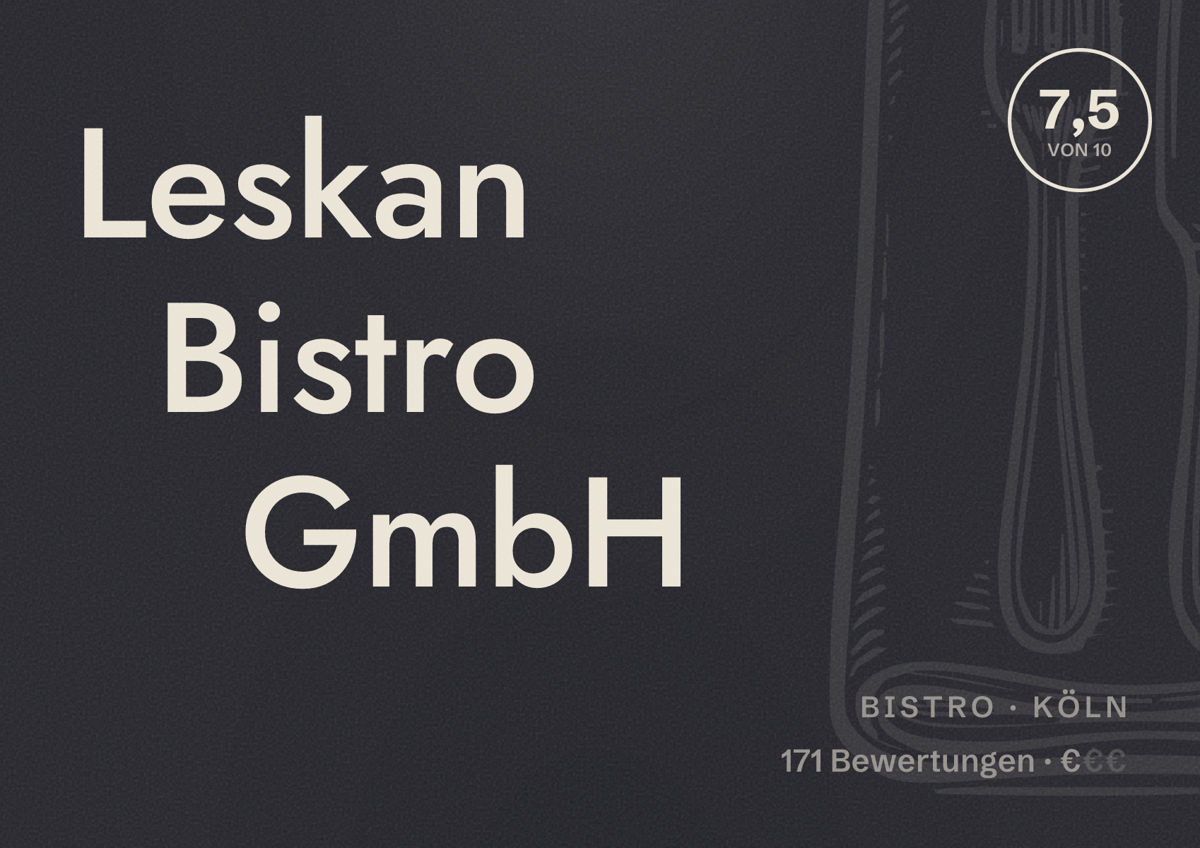 Illustriertes Poster von Leskan Bistro GmbH, Bistro in Köln: Bewertung 7,5 von 10 aus 171 Bewertungen, Preisniveau €