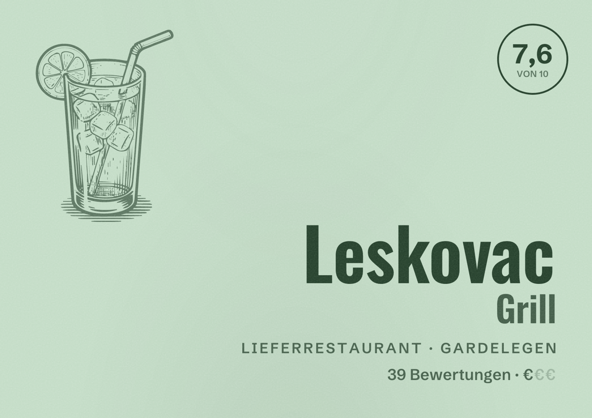 Illustriertes Poster von Leskovac Grill, Lieferrestaurant in Gardelegen: Bewertung 7,6 von 10 aus 39 Bewertungen, Preisniveau €